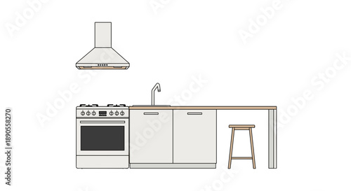 A compact modern kitchenette features a range hood above a gas stove, integrated cabinets with a sink, and a single bar stool.