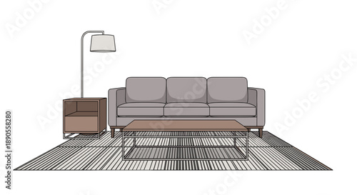 A modern living room furniture set featuring a three-seater grey sofa, a minimalist coffee table, a striped rug, a side table, and a floor lamp.