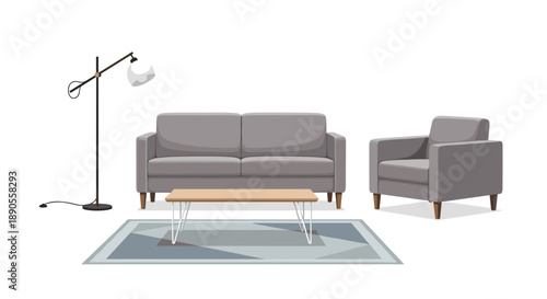 A complete modern living room setup features a comfortable grey sofa, a matching armchair, a sleek coffee table, a stylish rug, and a floor lamp.