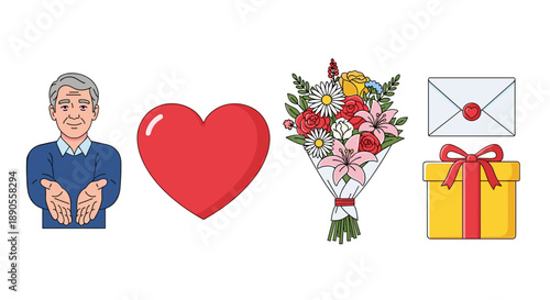 An older man with welcoming open hands, a large red heart, a vibrant floral bouquet, a wrapped gift, and a sealed envelope are shown.