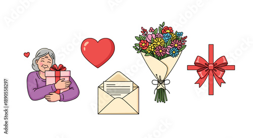 A cheerful elderly woman joyfully hugs a wrapped gift, surrounded by a red heart, a decorative envelope, a colorful flower bouquet, and a festive ribbon.