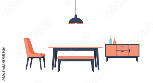 A modern dining room layout with a stylish table, a comfortable bench, an elegant chair, a functional sideboard, and a pendant lamp.