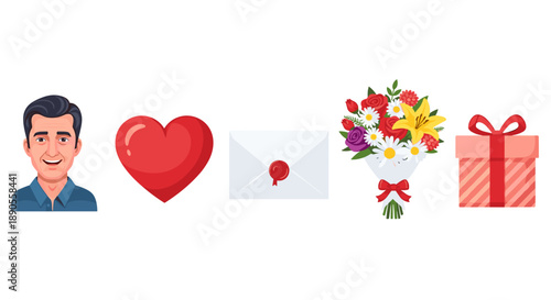 A cheerful young man's headshot, accompanied by a red heart, a sealed letter, a colorful bouquet, and a striped gift box, symbolizing affection.