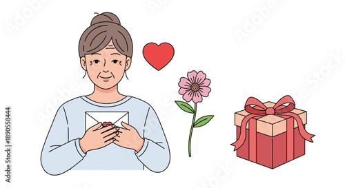 A senior woman tenderly holds a heartfelt letter to her chest, with a red heart, a pink flower, and a gift box, symbolizing love.