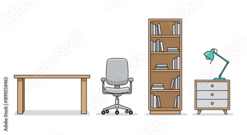 A comprehensive collection of modern office furniture elements is presented, including a wooden desk, an ergonomic chair, a tall bookshelf, a filing cabinet, and a stylish desk lamp.
