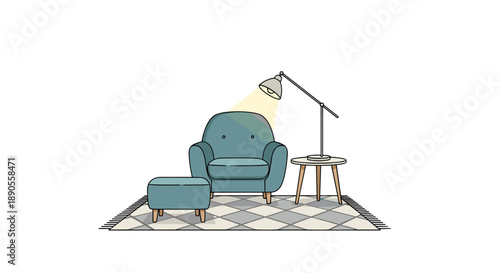A contemporary and inviting living room corner is depicted, featuring a plush teal armchair, a matching ottoman for footrest, a sleek floor lamp, a small side table, and a patterned area rug.