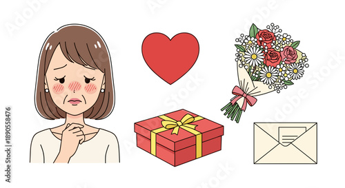 A melancholic woman with a flushed face stands beside symbols of affection including a bright red heart, a beautifully wrapped gift box, a vibrant flower bouquet, and a sealed envelope.