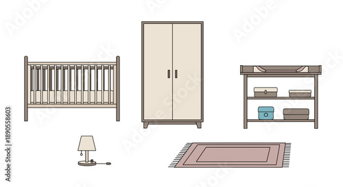 A serene nursery scene is illustrated with a wooden crib, a cream-colored wardrobe, a changing station with baskets, and a pink striped rug, illuminated by a small lamp.