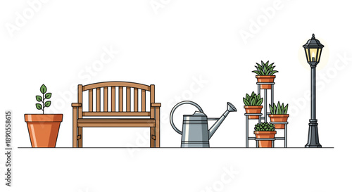 A pleasant garden scene displays a wooden bench, a watering can, a lamppost, and several potted plants on tiered stands, alongside a pot with a small seedling.