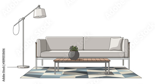A modern living room scene features a sleek light-colored sofa, a rectangular coffee table with a potted plant, a patterned rug, and a minimalist floor lamp.