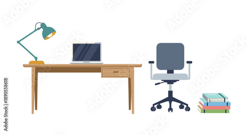 A functional home office setup is illustrated with a wooden desk, a laptop, a desk lamp, an office chair on wheels, and a stack of colorful books.