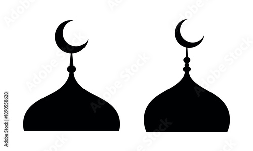 Black Mosque Dome and Crescent Moon Silhouettes Vector