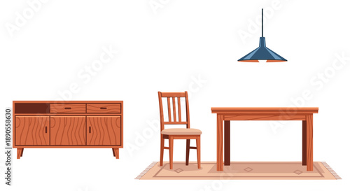 A simple illustration shows a wooden dining set with a table, a chair, and a credenza, positioned on a rug under a hanging pendant light.