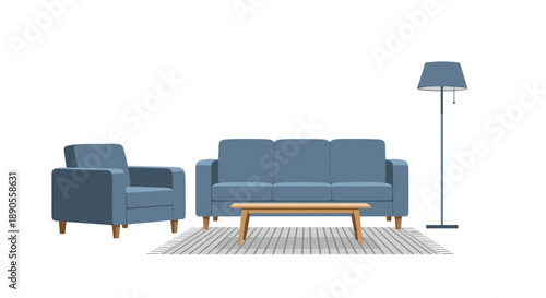 A comfortable blue living room set, consisting of an armchair, a sofa, and a coffee table, is placed on a striped rug with a floor lamp standing nearby.