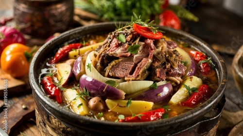 A dish of Georgian cuisine. Chanakhi is a traditional Georgian dish. It is a rich roast or thick lamb soup with coarsely chopped vegetables that languish in a clay pot.