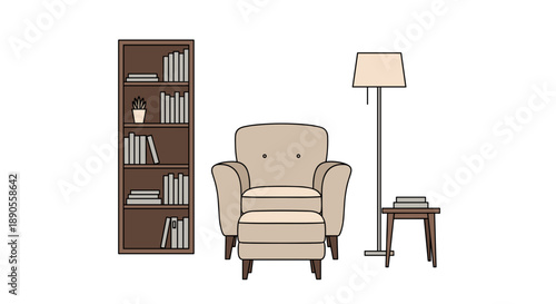 A comfortable reading corner is presented with a plush armchair and ottoman, a floor lamp, a small side table holding a book, and a tall bookshelf packed with literary works.