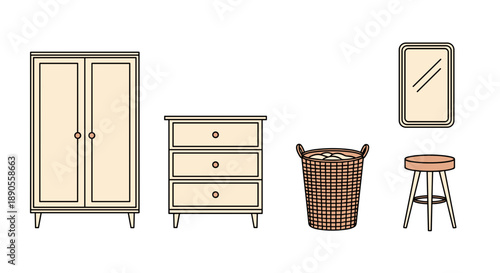 A practical and organized bedroom or dressing room collection with a wardrobe, chest of drawers, woven laundry basket, mirror, and stool.