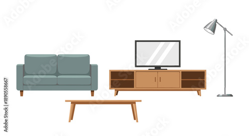 A contemporary living room entertainment set featuring a cozy loveseat, a sleek coffee table, a TV stand with TV, and a modern floor lamp.
