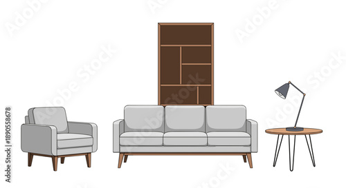 A sophisticated living room collection featuring a comfortable armchair, a three-seater sofa, a modular bookshelf, and a round side table with a lamp.