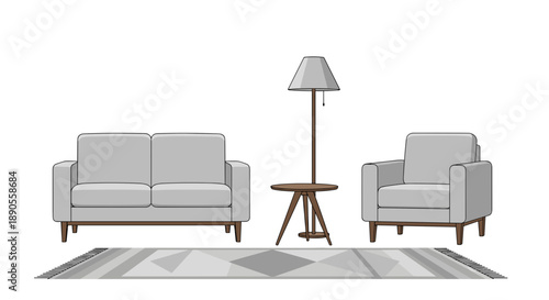 A cozy and minimalist living room furniture set featuring a compact loveseat, an elegant floor lamp, a comfortable armchair, and a patterned area rug.