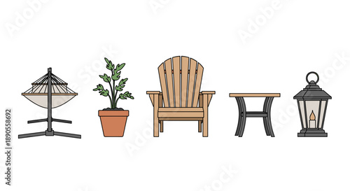 A charming outdoor living set featuring a relaxed hammock, a potted plant, a classic Adirondack chair, a small side table, and a decorative lantern.