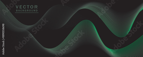 Smooth wavy lines, bright green, small wave elements, black background, designed with soft yet elegant textured materials.