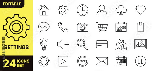 User interface icon set with home, settings, search, chat, calendar, shopping cart, credit card, upload, media controls, location, and payment symbols