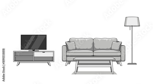 This clean line art illustration features a modern living room furniture arrangement including a television, media console, comfortable two-seater sofa, sleek coffee table, and an elegant floor lamp.