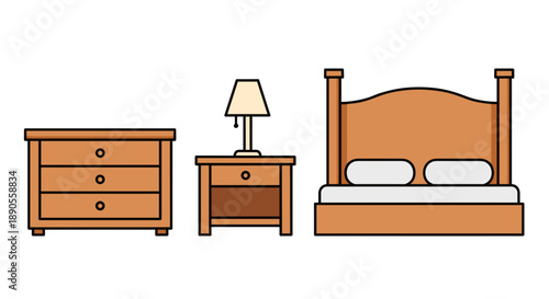 A charming, traditional bedroom furniture trio featuring a sturdy wooden dresser with multiple drawers, a classic nightstand with a lamp, and a elegant bed frame.