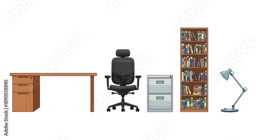 A professional and organized office furniture collection showcasing a sturdy desk with drawers, an ergonomic chair, a filing cabinet, a large bookcase, and a desk lamp.