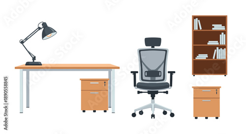 A well-equipped modern home office layout featuring a desk, an adjustable lamp, an ergonomic chair, two mobile filing cabinets, and a tall bookcase for extensive storage.