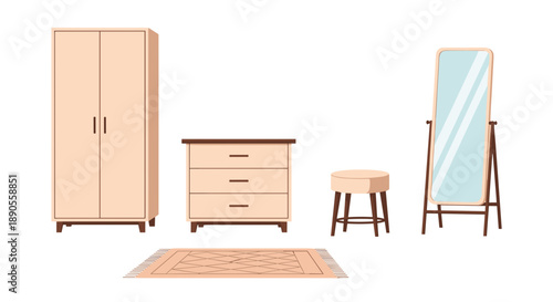 A versatile dressing room or bedroom furniture ensemble showcasing a large wardrobe, a practical dresser, a cozy stool, a full-length mirror, and a patterned rug.