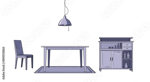 An inviting dining room furniture collection featuring a sturdy table, comfortable chair, a contemporary pendant lamp, and a functional sideboard with a rug.