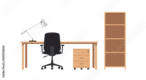 A productive home office setup featuring a spacious desk with an adjustable lamp, a comfortable ergonomic chair, a mobile filing cabinet, and a tall bookcase.