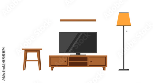 An organized living room media setup featuring a flat-screen television on a TV stand, accompanied by a stool, wall shelf, and a floor lamp.