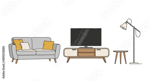 A modern and comfortable living room setup displaying a grey sofa with yellow cushions, a large TV, a stylish TV stand, a small stool, and a floor lamp.