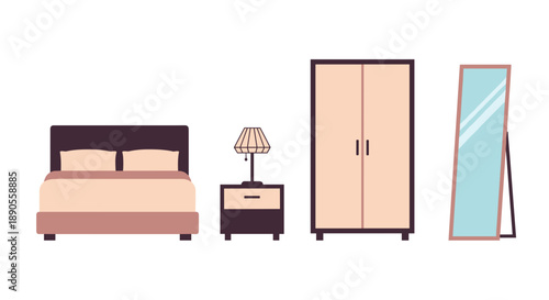 A modern and chic bedroom furniture set featuring a comfortable bed, a stylish nightstand with a lamp, a spacious wardrobe, and a lean mirror.