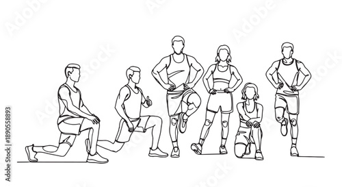 Group of people stretching and exercising in various poses on a white background with simple line art style