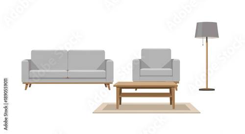 A modern living room includes a grey sofa, an armchair, a wooden coffee table, a beige rug, and a tall floor lamp.