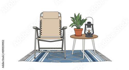 A comfortable beige folding chair, small side table with a green plant, and classic lantern are arranged on a blue striped rug.