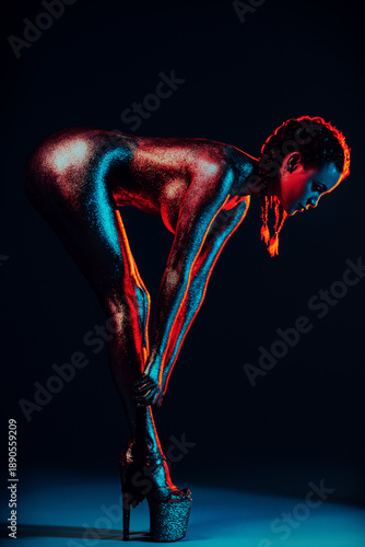 Woman bending toward her legs on black studio background with blue, red, and pink lighting, wearing high heels, paint on body