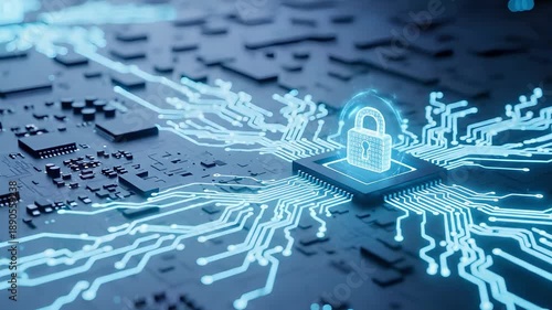 A glowing digital padlock icon sits atop a microchip embedded in a futuristic circuit board. UHD Video Clip