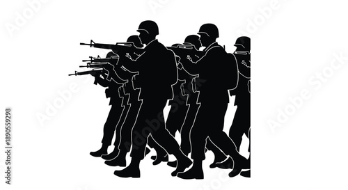 Silhouette of soldiers in formation holding rifles against a white background