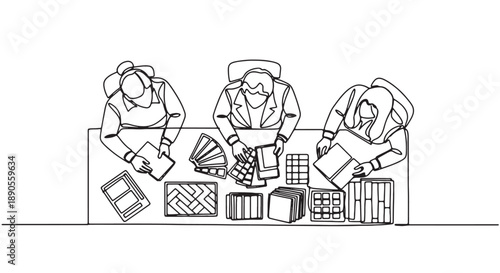 Three warehouse workers inspecting packages and boxes together at a table with various containers