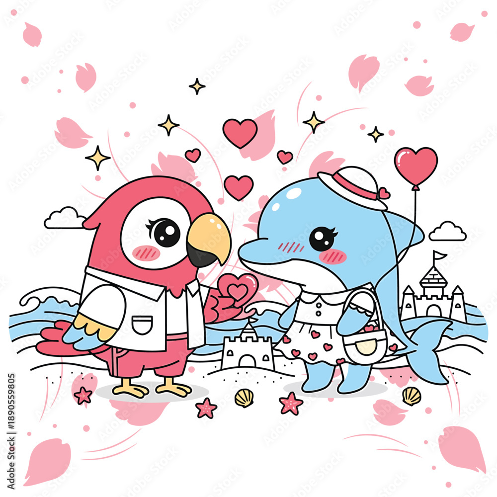 Obraz premium Cute cartoon parrot and dolphin couple on a beach with sandcastle and hearts love