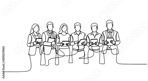 Group of five business professionals using digital devices together in a connected workspace environment