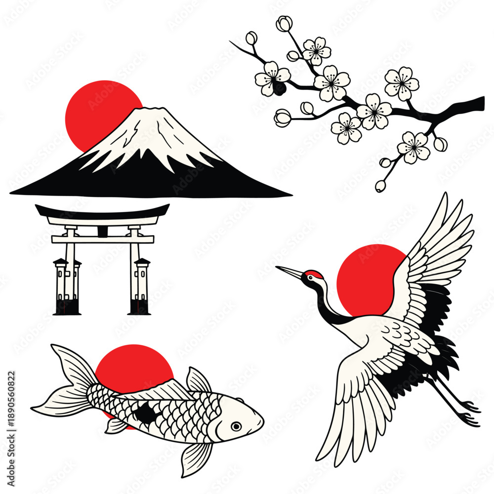 Naklejka premium Vector illustration featuring traditional Japanese symbols including Mount Fuji, torii gate, red sun, cherry blossom branch, koi fish, and flying crane