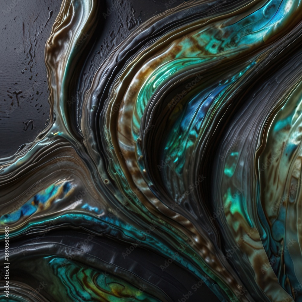 Obraz premium Abalone Shell Background with Iridescent Resin Swirls and Dark Stone Texture