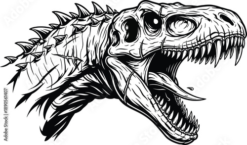 Detailed illustration of a fearsome dinosaur skeleton with sharp teeth and an open mouth