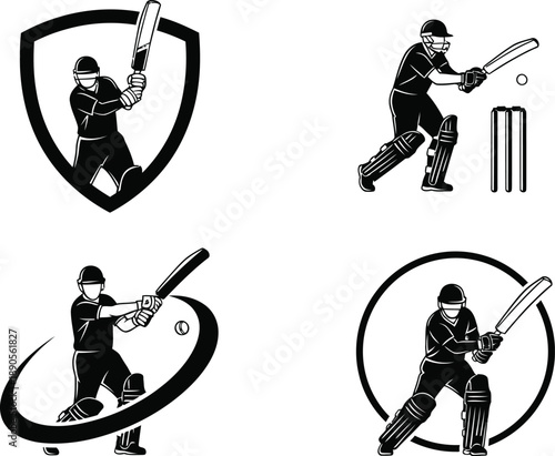 Cricket player batting action icons set isolated on white background